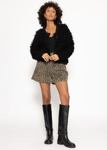 Wide high waist jeans shorts with Leo -Print - beige