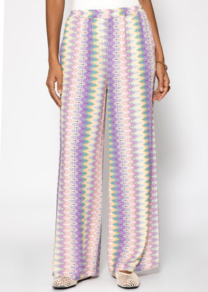 Wide trousers with multicolor pattern-lilac-pink
