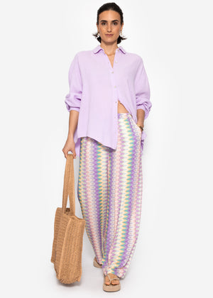 Wide trousers with multicolor pattern-lilac-pink