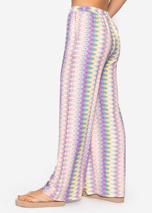 Wide trousers with multicolor pattern-lilac-pink