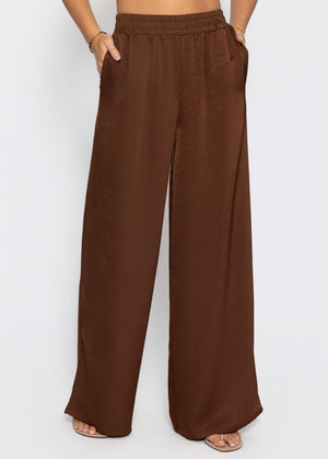 Satin pants with wide leg - brown