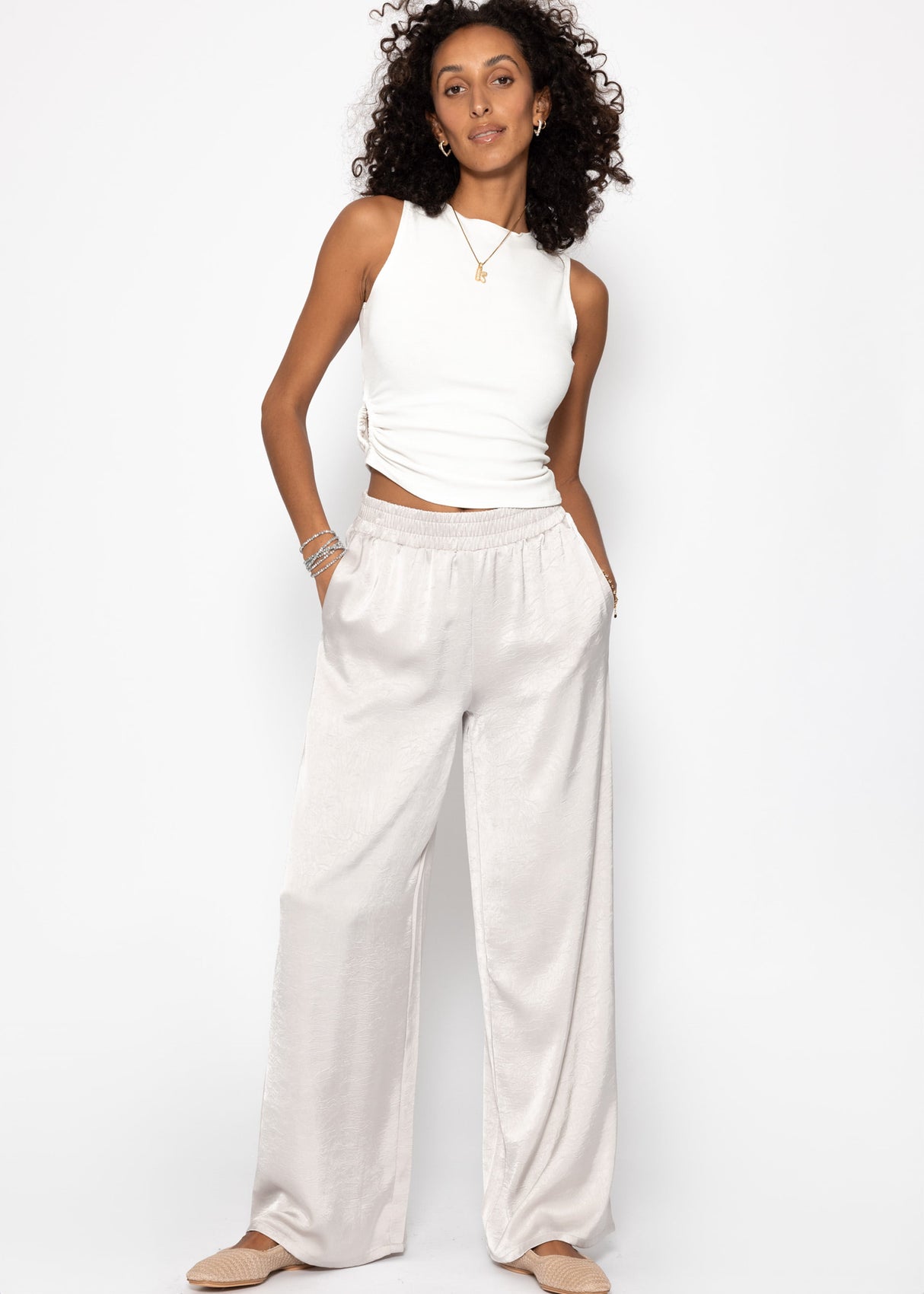 Satin pants with wide leg - light gray