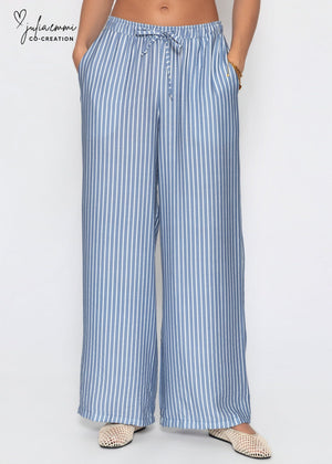 Wide Leg Hose mit Streifen und Bindeband - blau