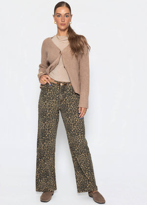 Wide Leg Jeans with a high covenant in Leo -Print - Beige