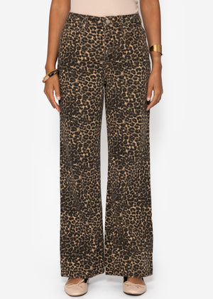Wide Leg Jeans with a high covenant in Leo -Print - Beige