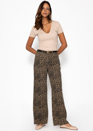 Wide Leg Jeans with a high covenant in Leo -Print - Beige