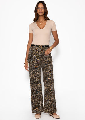 Wide Leg Jeans with a high covenant in Leo -Print - Beige