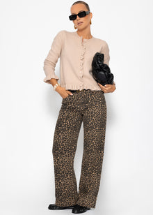 Wide Leg Jeans with a high covenant in Leo -Print - Beige
