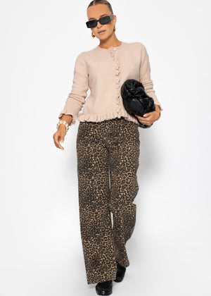 Wide Leg Jeans with a high covenant in Leo -Print - Beige