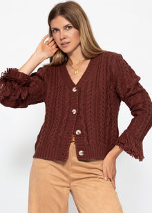 Zopfstrick-Cardigan mit Fransenbündchen - braun