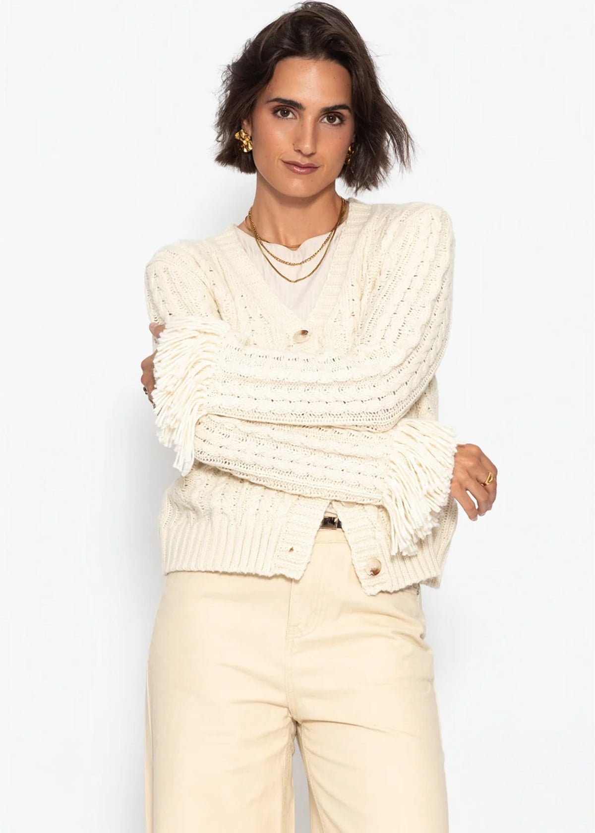 Zopfstrick-Cardigan mit Fransenbündchen - offwhite