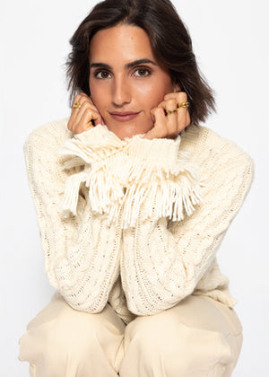 Zopfstrick-Cardigan mit Fransenbündchen - offwhite - SASSYCLASSY
