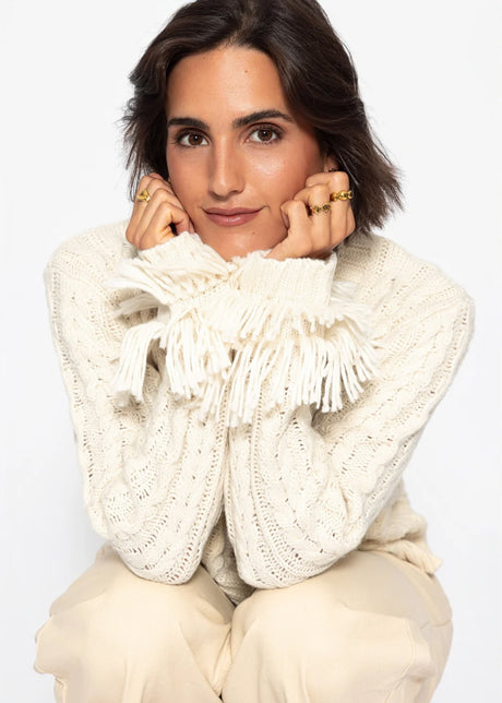 Zopfstrick-Cardigan mit Fransenbündchen - offwhite