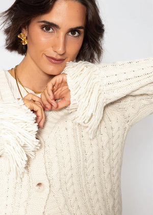 Zopfstrick-Cardigan mit Fransenbündchen - offwhite