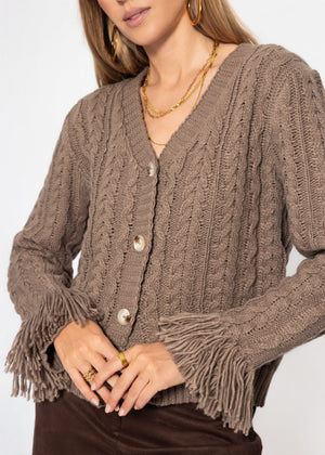 Zopfstrick-Cardigan mit Fransenbündchen - taupe