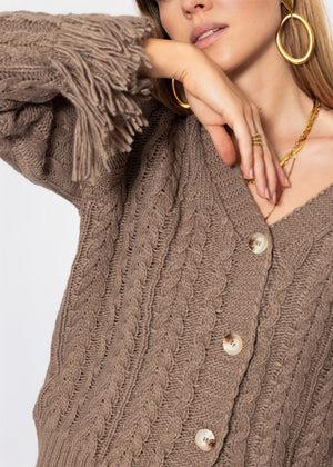 Zopfstrick-Cardigan mit Fransenbündchen - taupe