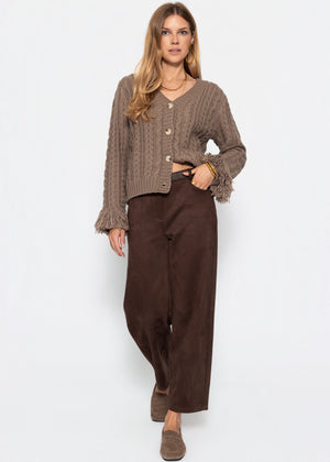 Zopfstrick-Cardigan mit Fransenbündchen - taupe