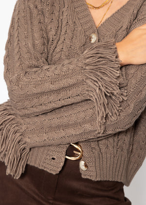 Zopfstrick-Cardigan mit Fransenbündchen - taupe