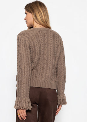 Zopfstrick-Cardigan mit Fransenbündchen - taupe