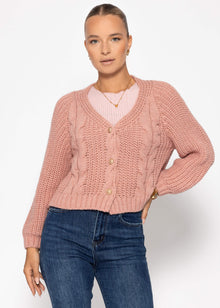 Zopfstrick-Cardigan mit Knopfleiste - rosa