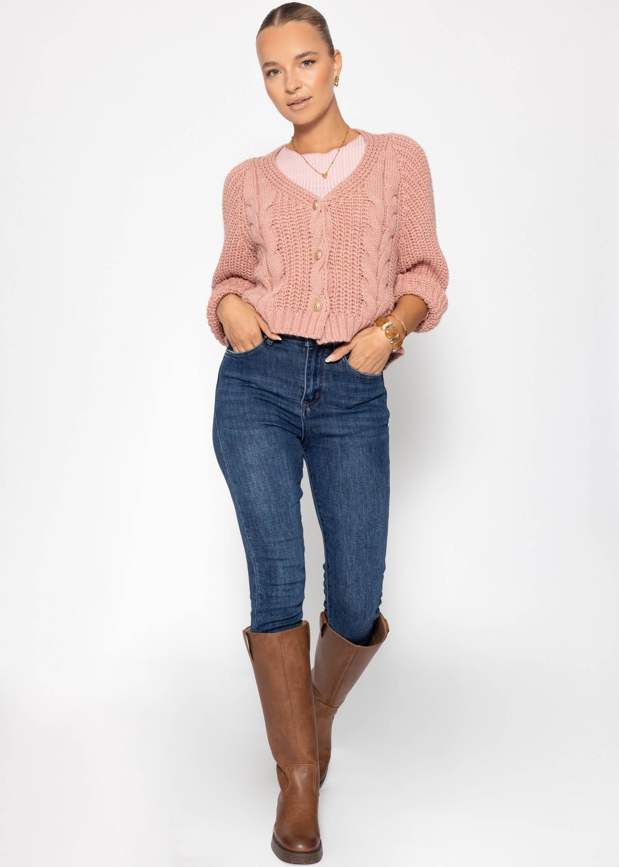 Zopfstrick-Cardigan mit Knopfleiste - rosa