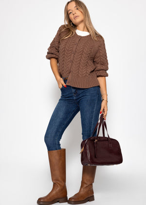 Cable-knit cardigan with round neck - brown