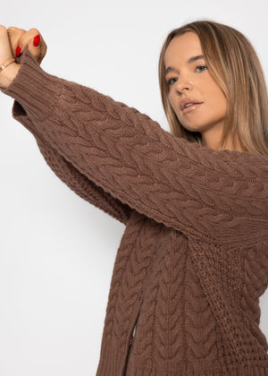 Cable-knit cardigan with round neck - brown