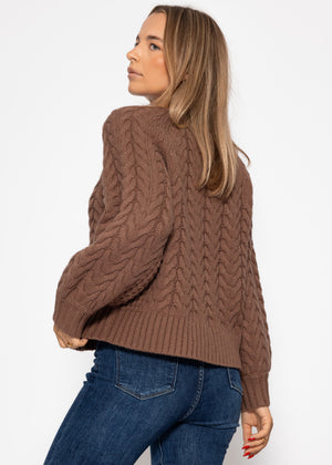 Cable-knit cardigan with round neck - brown