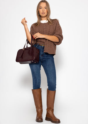 Cable-knit cardigan with round neck - brown
