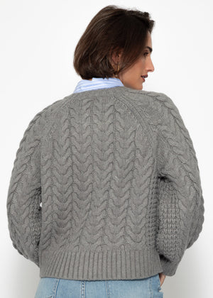 Cable-knit cardigan with round neck - grey