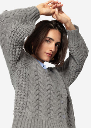Cable-knit cardigan with round neck - grey