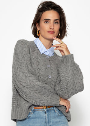 Cable-knit cardigan with round neck - grey