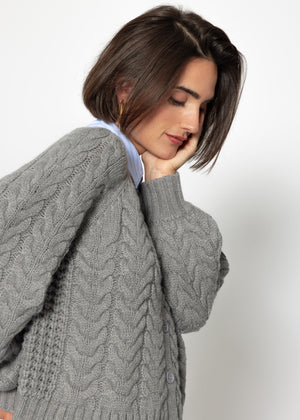 Cable-knit cardigan with round neck - grey