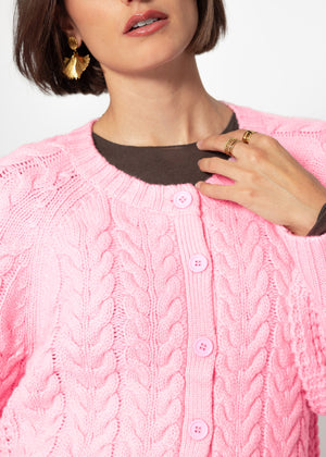 Cable-knit cardigan with round neck - pink