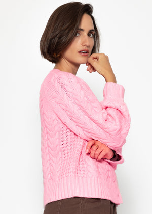 Cable-knit cardigan with round neck - pink