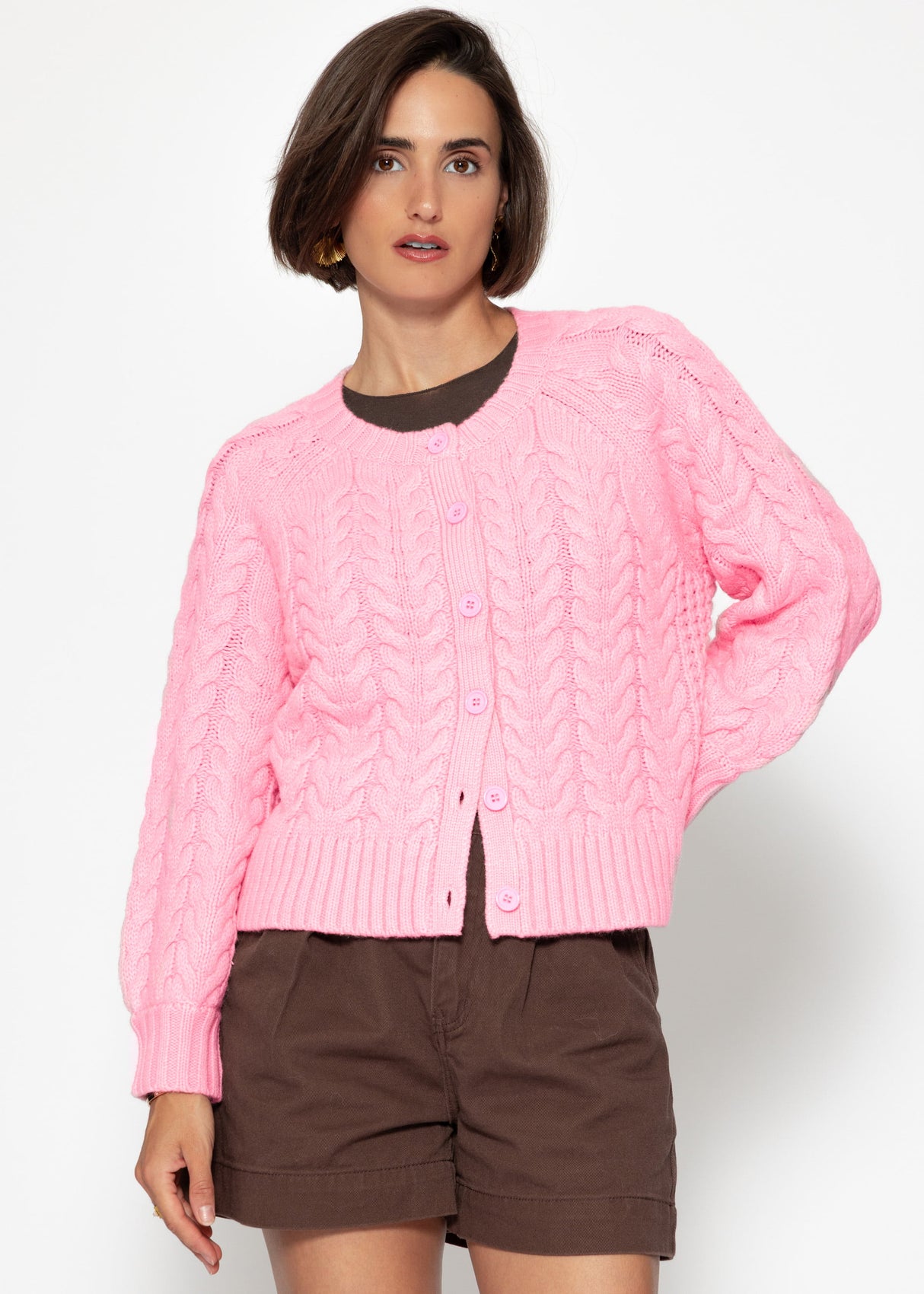 Cable-knit cardigan with round neck - pink