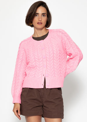 Cable-knit cardigan with round neck - pink