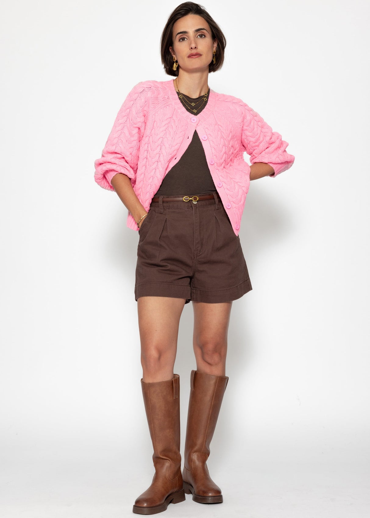 Cable-knit cardigan with round neck - pink