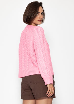Cable-knit cardigan with round neck - pink