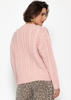 Cable-knit V-neck sweater - pink