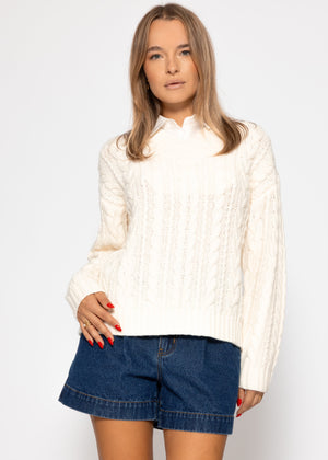 Cable-knit V-neck sweater - off-white