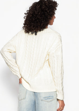 Zopfstrickpullover mit V-Ausschnitt - offwhite