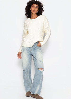 Zopfstrickpullover mit V-Ausschnitt - offwhite