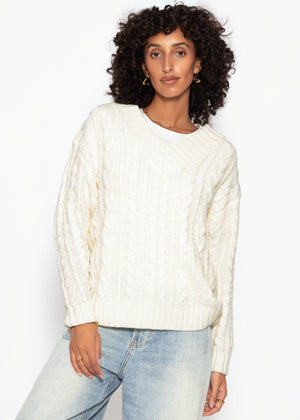 Zopfstrickpullover mit V-Ausschnitt - offwhite