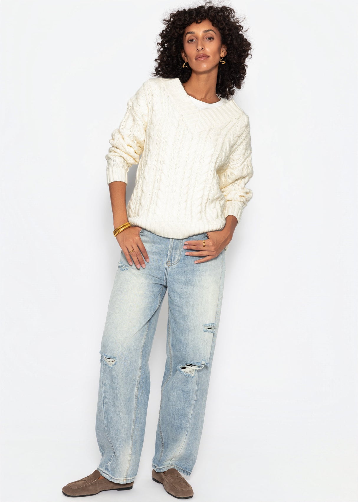 Zopfstrickpullover mit V-Ausschnitt - offwhite