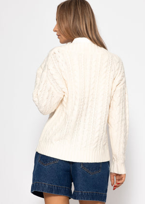 Cable-knit V-neck sweater - off-white