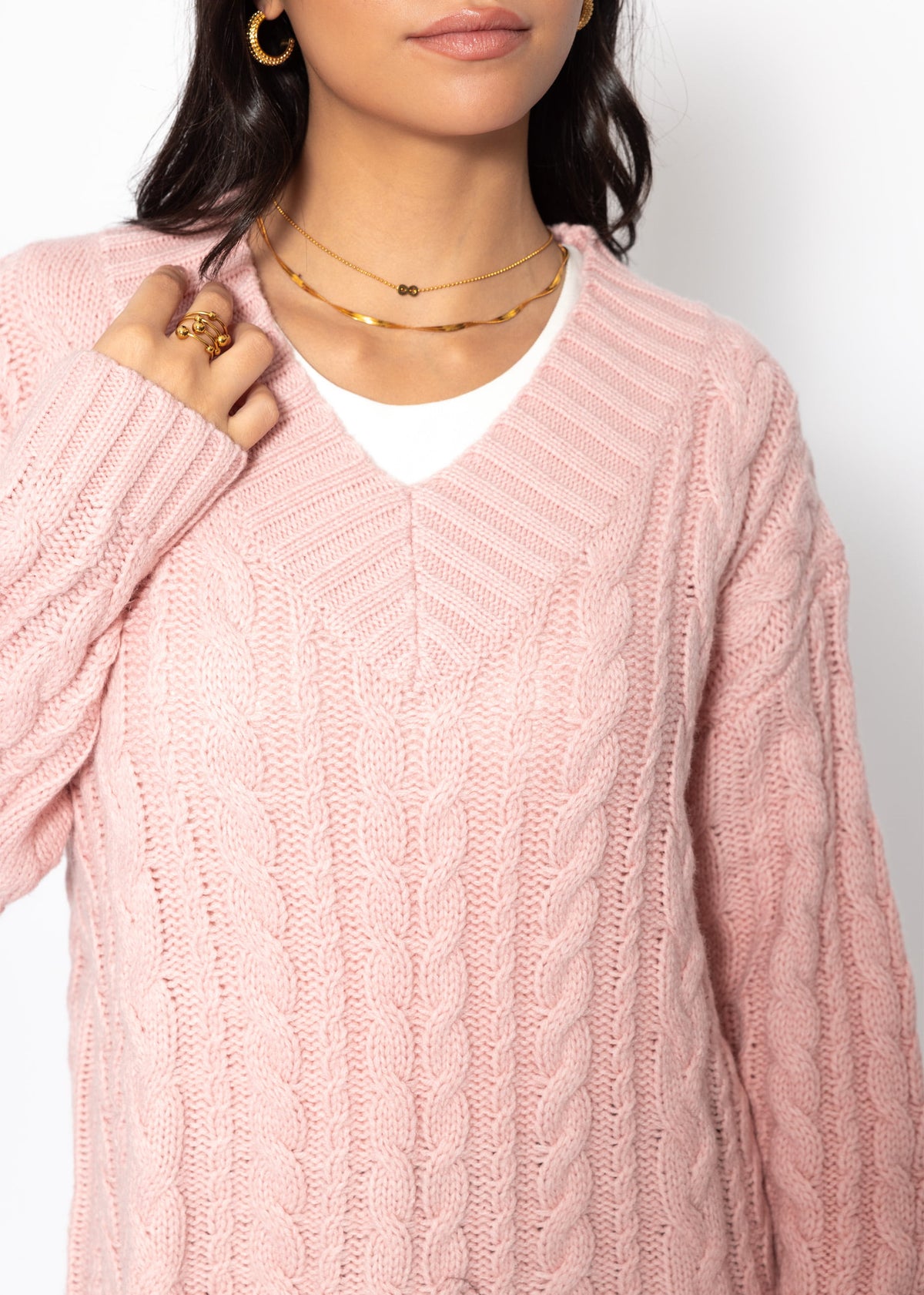 Zopfstrickpullover mit V-Ausschnitt - rosa