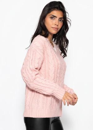 Zopfstrickpullover mit V-Ausschnitt - rosa