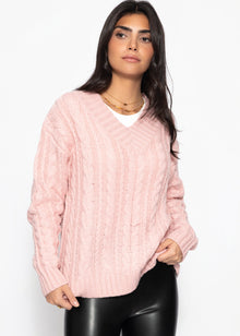 Zopfstrickpullover mit V-Ausschnitt - rosa