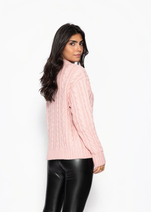 Zopfstrickpullover mit V-Ausschnitt - rosa